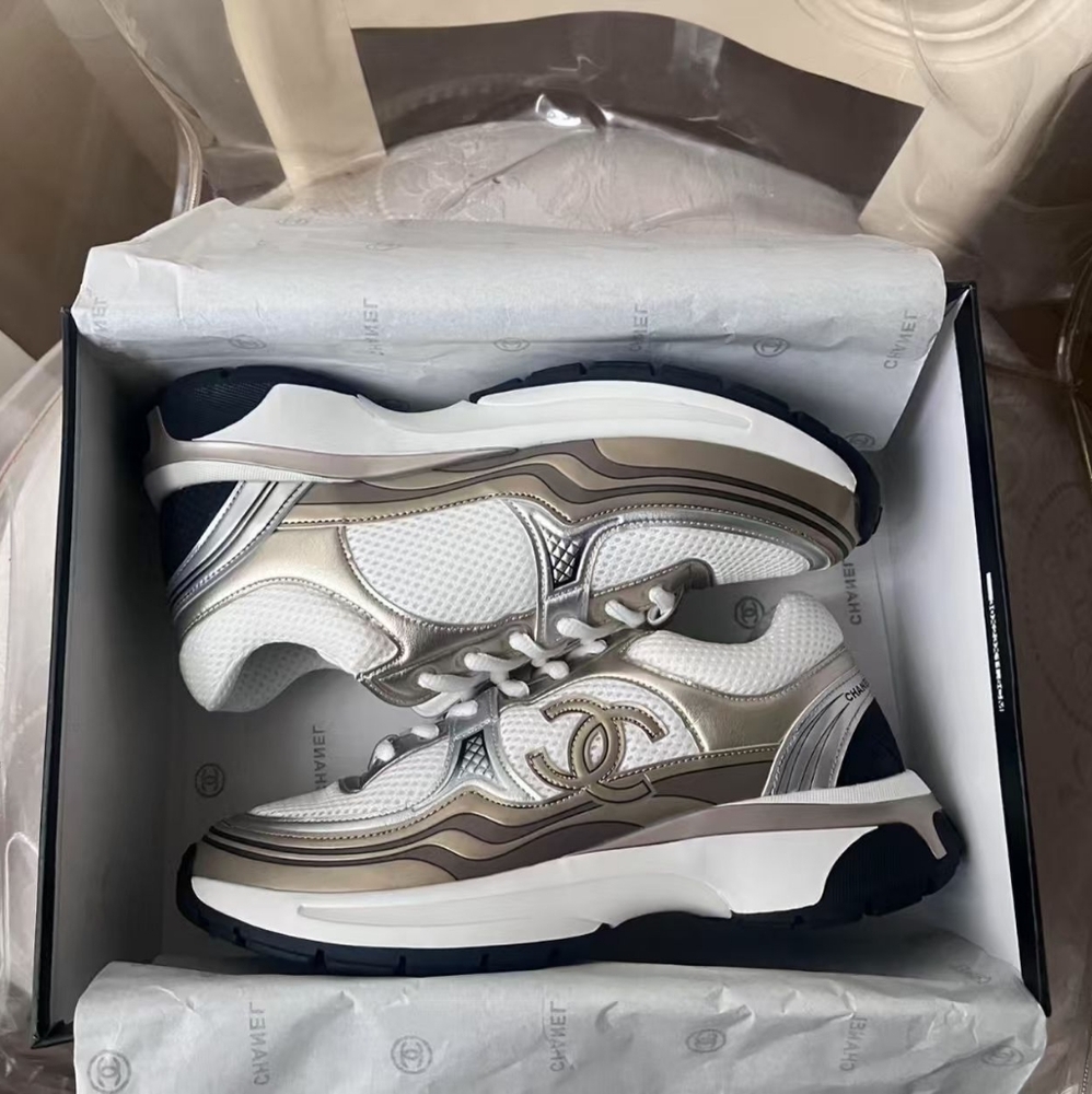 Chanel CC Sneakers in Silver Leather and White Mesh